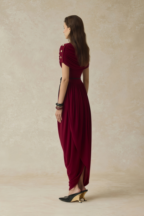 Aurohaya Gianna Burgundy Shawl Design Draped Maxi Dress