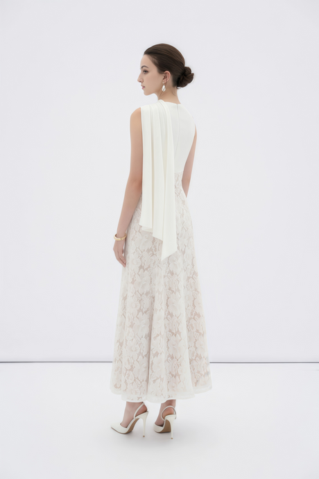 Aurohaya Marzia White Ribbon Detail Floral Lace Maxi Dress