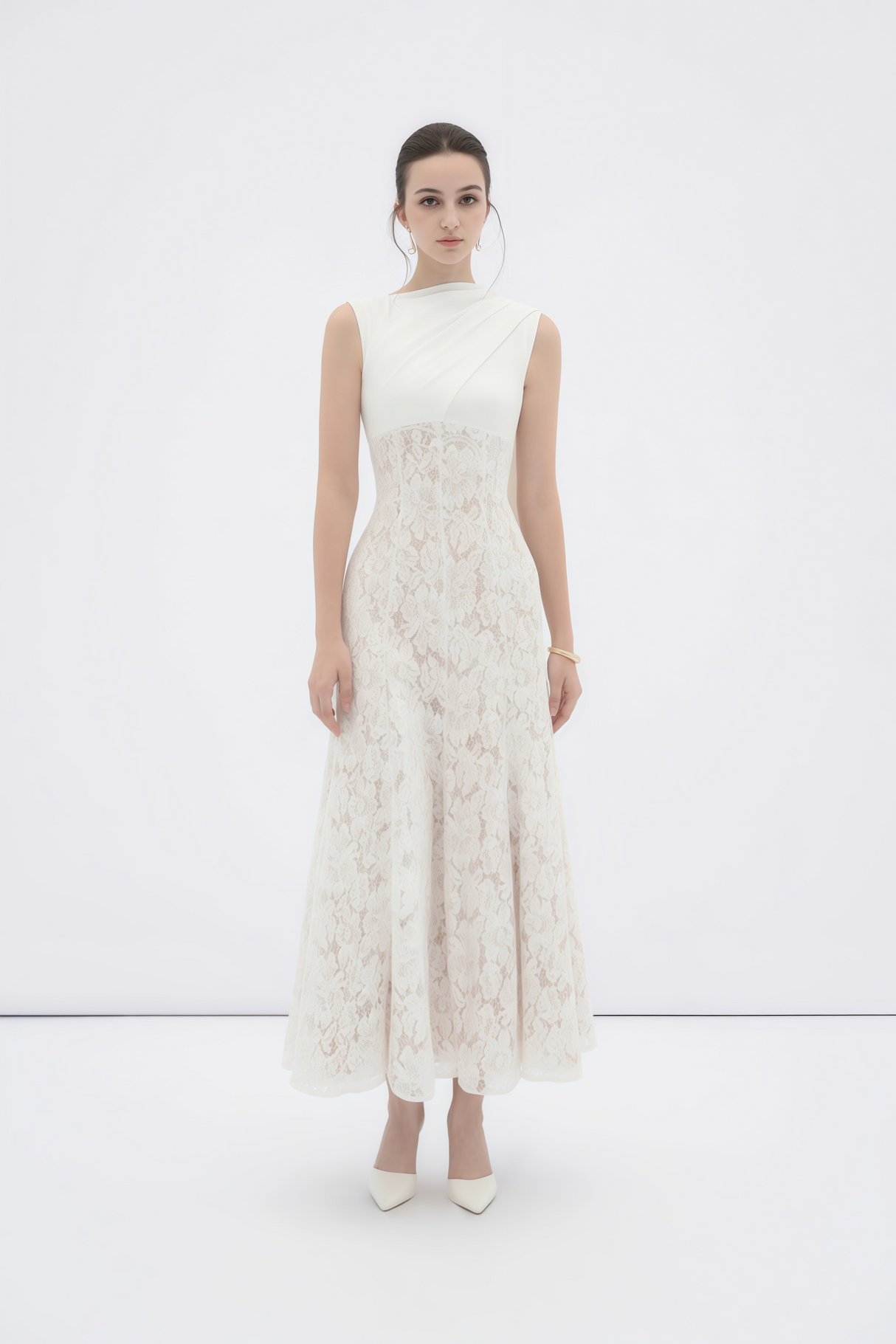 Aurohaya Marzia White Ribbon Detail Floral Lace Maxi Dress