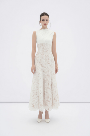 Aurohaya Marzia White Ribbon Detail Floral Lace Maxi Dress
