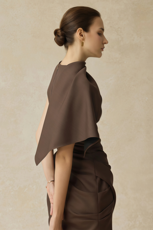 Aurohaya Francesca Brown Asymmetrical Gathered Mini Dress