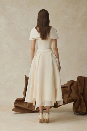 Aurohaya Aria White Asymmetrical Shawl & Tulle Panel Dress Set