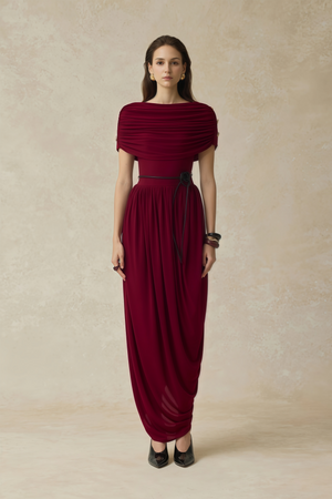 Aurohaya Gianna Burgundy Shawl Design Draped Maxi Dress