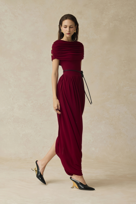 Aurohaya Gianna Burgundy Shawl Design Draped Maxi Dress