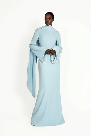 Aurohaya Piroska Blue Pearl Trim Shawl Detail Maxi Dress
