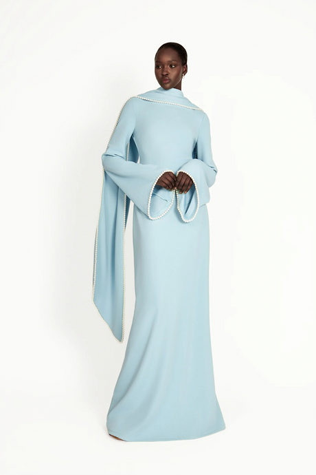 Aurohaya Piroska Blue Pearl Trim Shawl Detail Maxi Dress