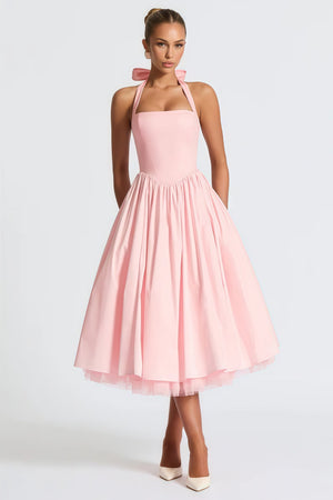 Aurohaya Eponine Pink Layered Flared Hem Midi Dress