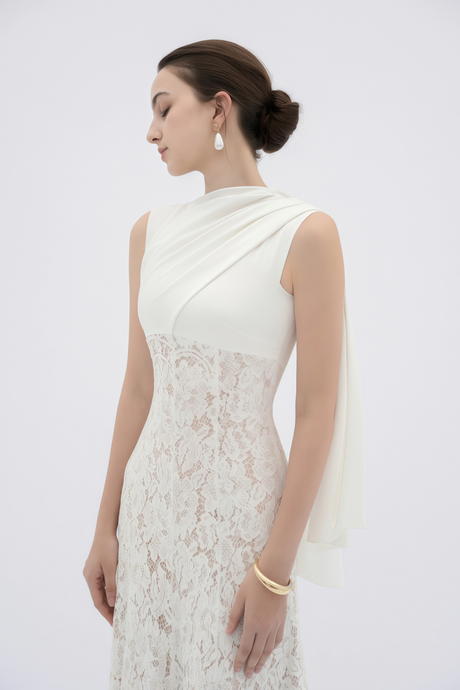 Aurohaya Marzia White Ribbon Detail Floral Lace Maxi Dress