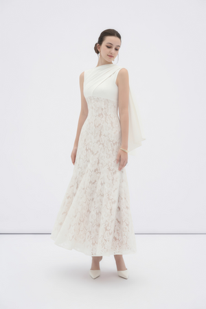 Aurohaya Marzia White Ribbon Detail Floral Lace Maxi Dress