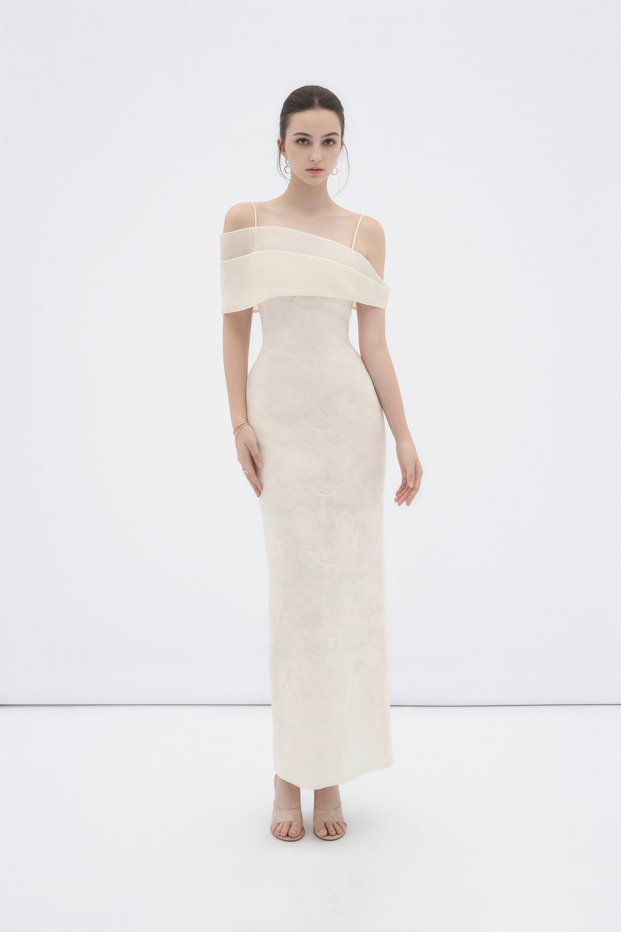 Aurohaya Ortensia Neutral Floral Lace Pencil Maxi Dress