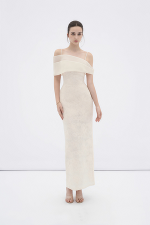 Aurohaya Ortensia Neutral Floral Lace Pencil Maxi Dress