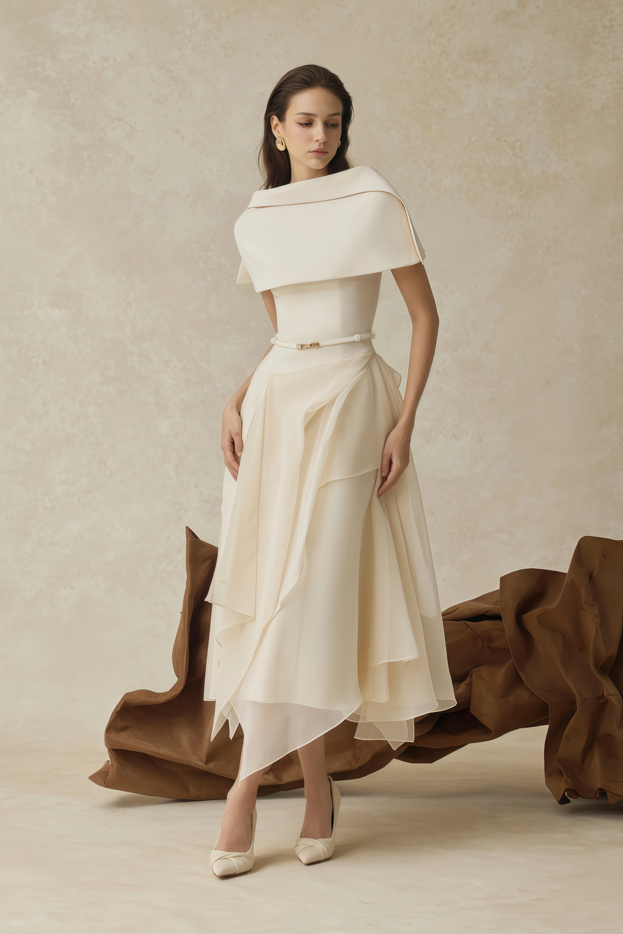 Aurohaya Aria White Asymmetrical Shawl & Tulle Panel Dress Set