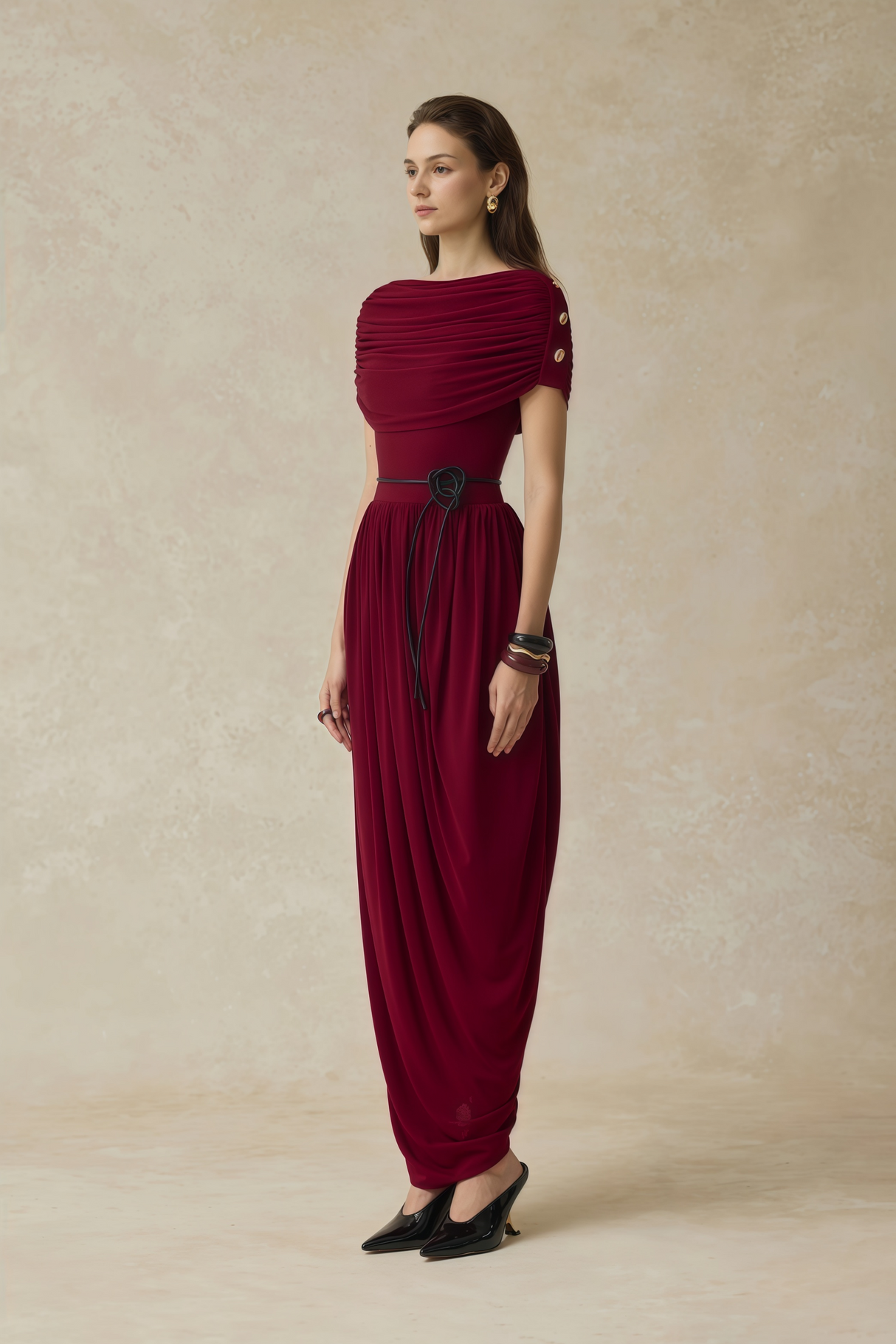 Aurohaya Gianna Burgundy Shawl Design Draped Maxi Dress
