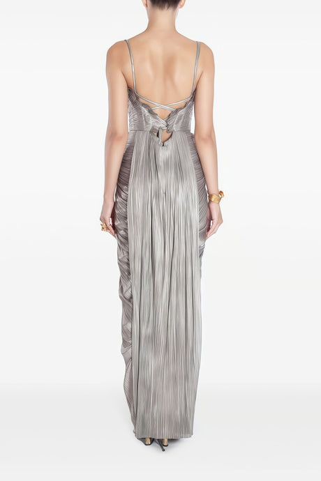 Aurohaya Nicoletta Silver Glossy Pleated Corset Maxi Dress