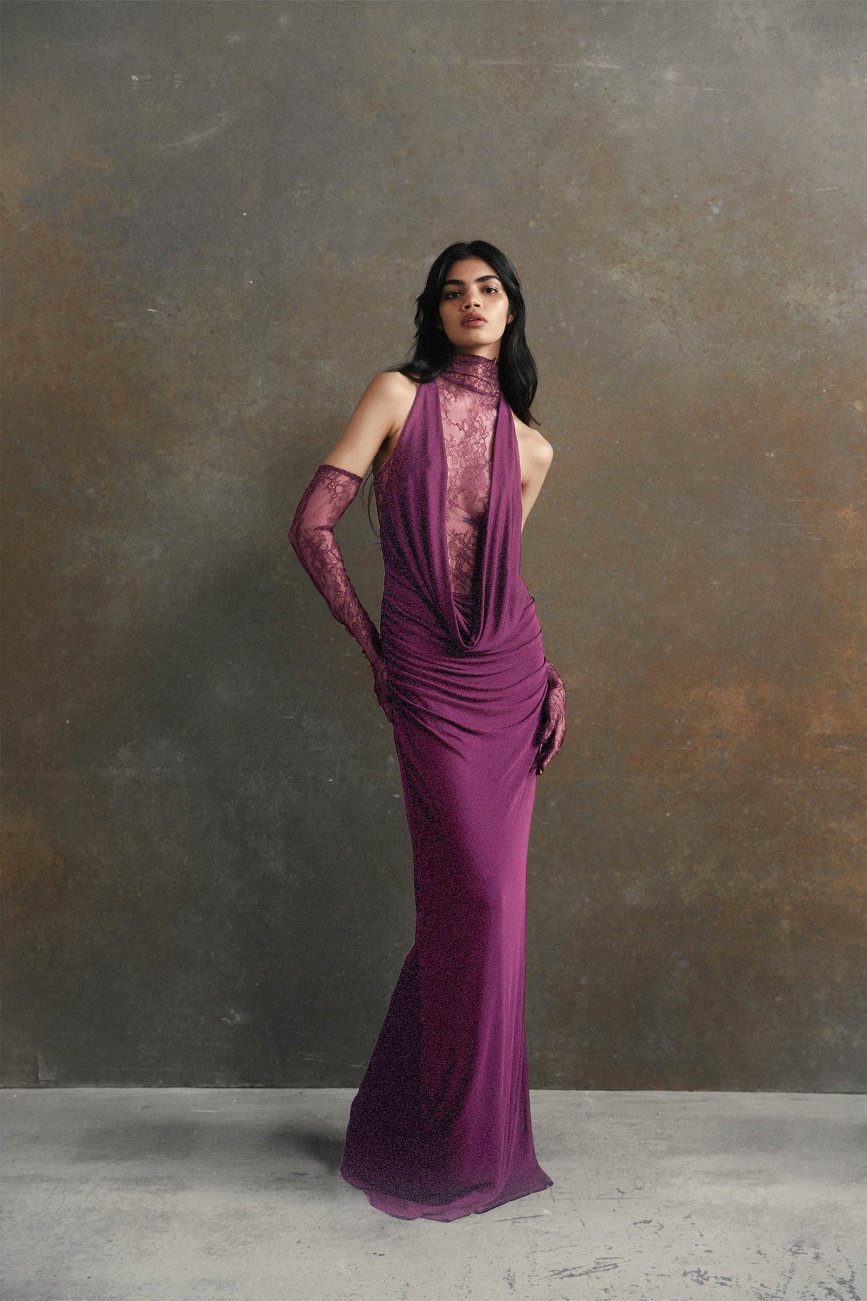 Aurohaya Borbála Magenta Lace Bodice Ruched Maxi Dress