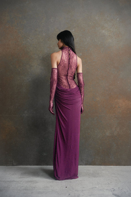 Aurohaya Célestine Magenta Lace Bodice Ruched Maxi Dress
