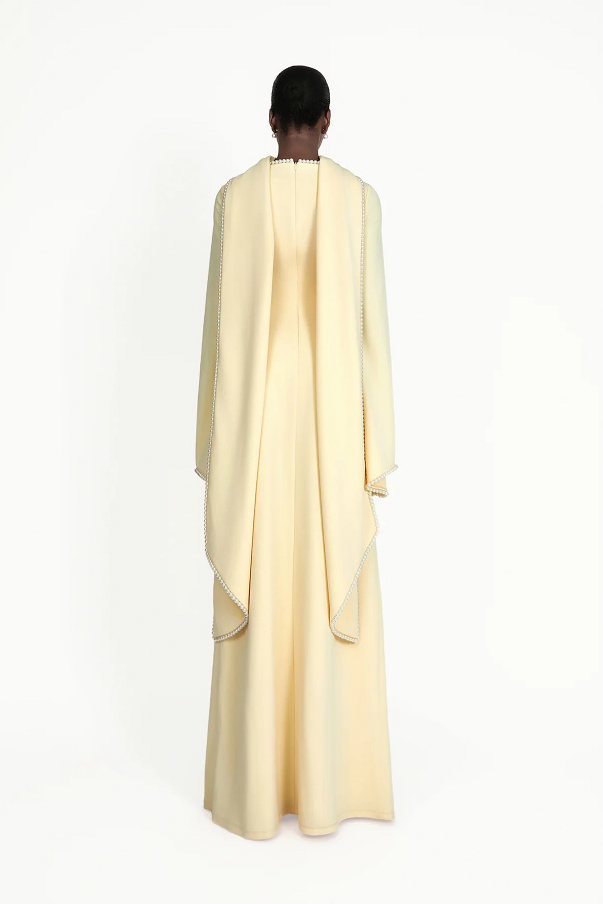 Aurohaya Piroska Yellow Pearl Trim Shawl Detail Maxi Dress