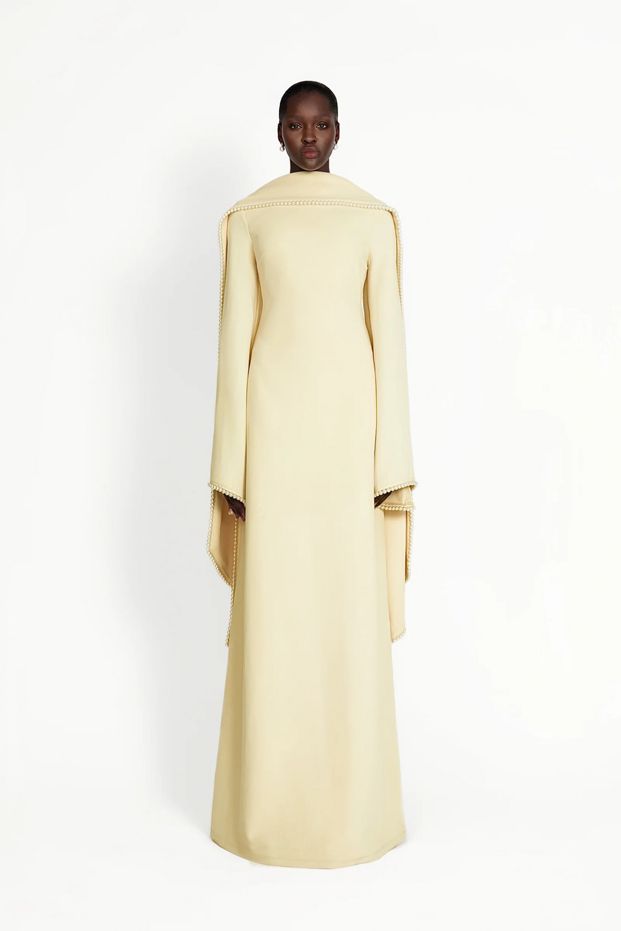 Aurohaya Piroska Yellow Pearl Trim Shawl Detail Maxi Dress