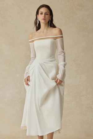 Aurohaya Gelsomina White Gathered Crepe Midi Dress