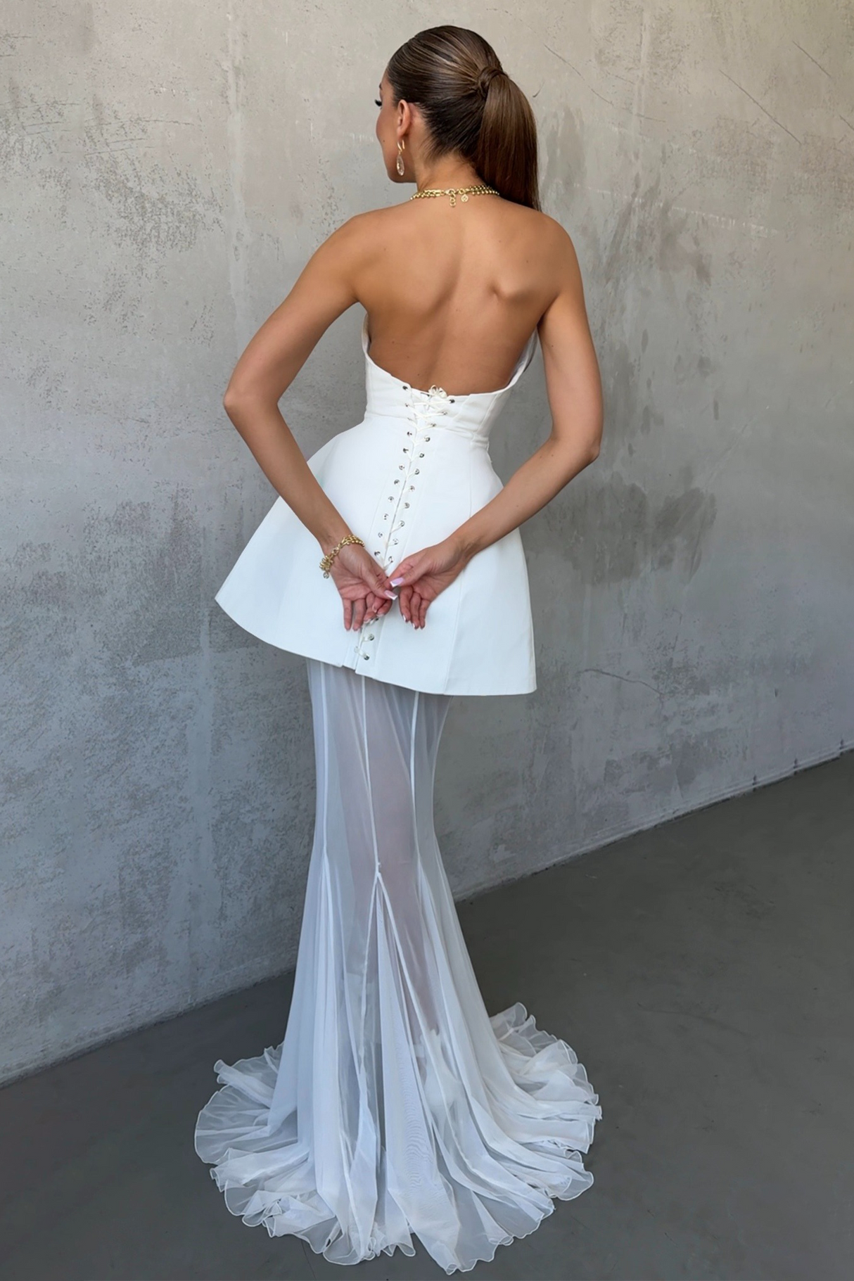 Aurohaya Mélanie White Corset Dress & Mesh Skirt Set