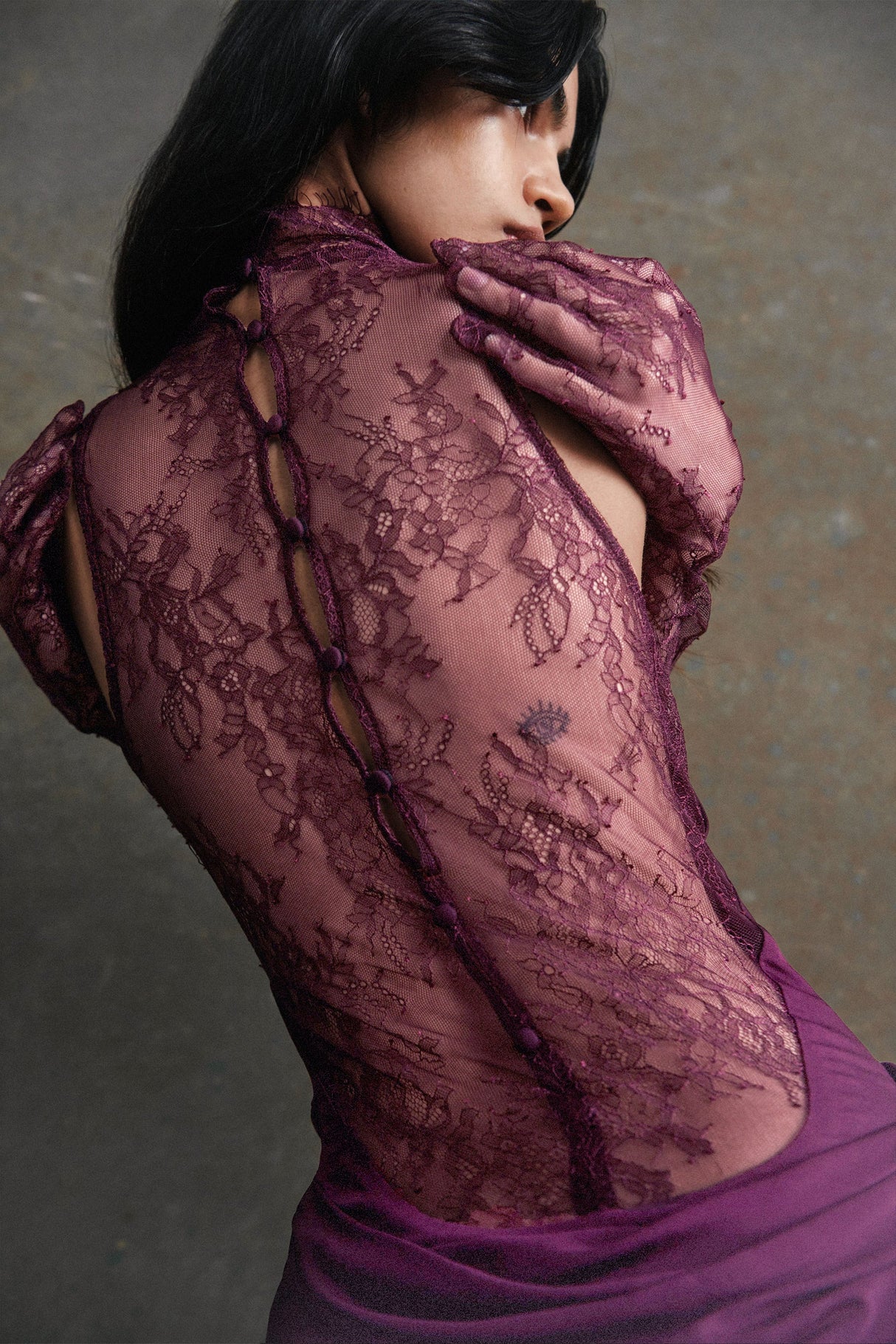 Aurohaya Borbála Magenta Lace Bodice Ruched Maxi Dress