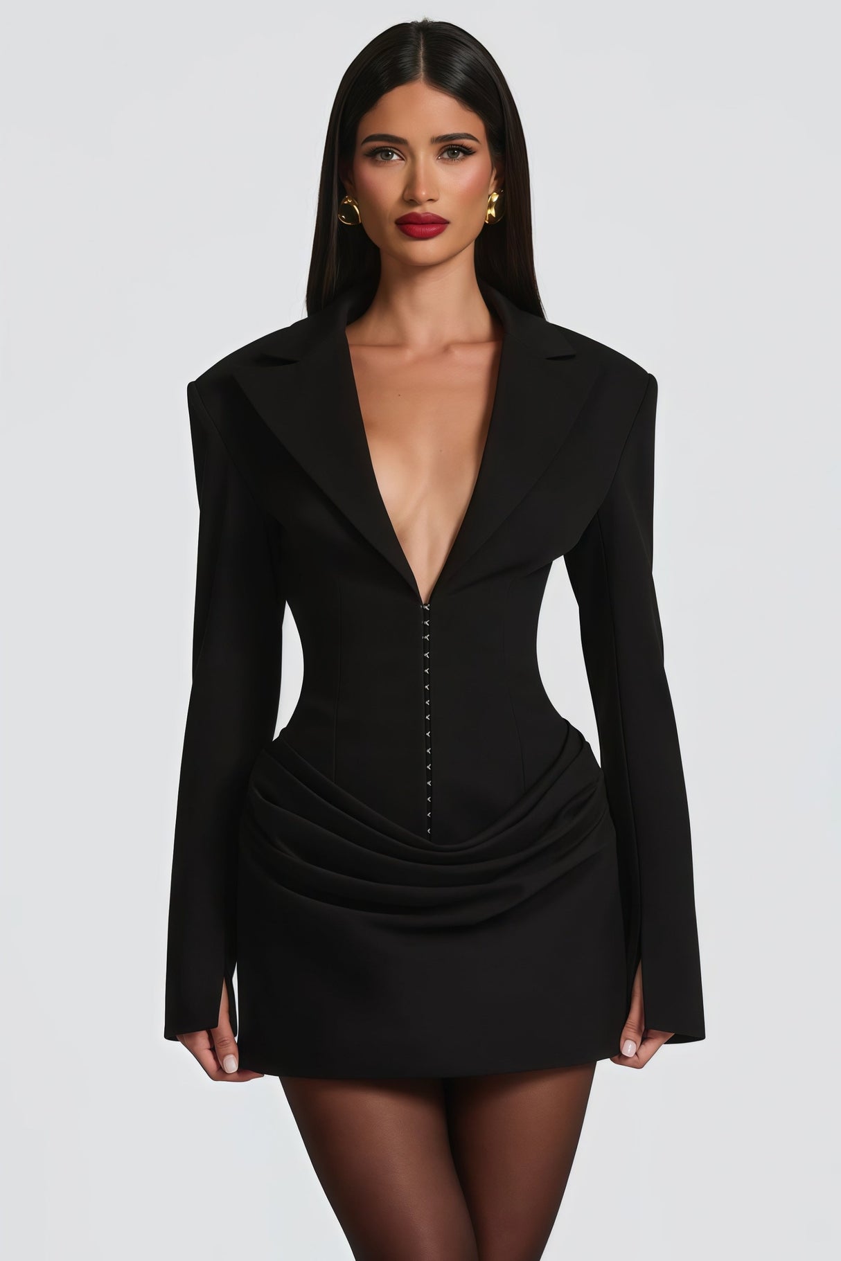 Aurohaya Rosette Black Ruched Blazer Mini Dress