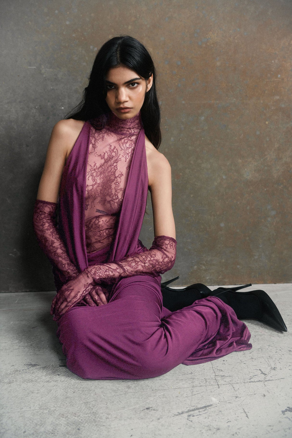 Aurohaya Célestine Magenta Lace Bodice Ruched Maxi Dress