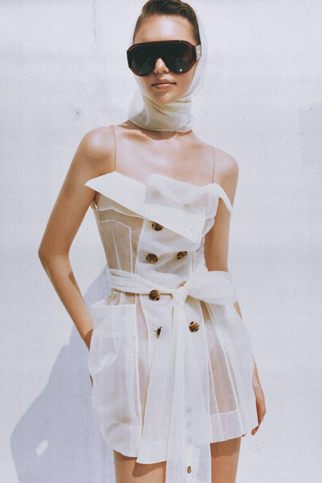Aurohaya Polliana White Double Breasted Organza Mini Dress