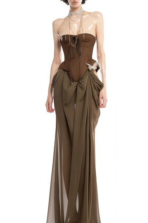 Aurohaya Eva brown butterfly-pin-detail corset maxi dress