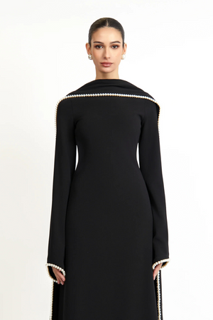 Aurohaya Piroska Black Pearl Trim Shawl Detail Maxi Dress