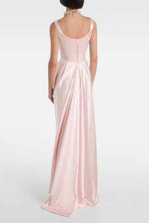 Aurohaya Fiona Pink Satin Square Neck Maxi Dress