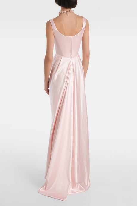 Aurohaya Fiona Pink Satin Square Neck Maxi Dress