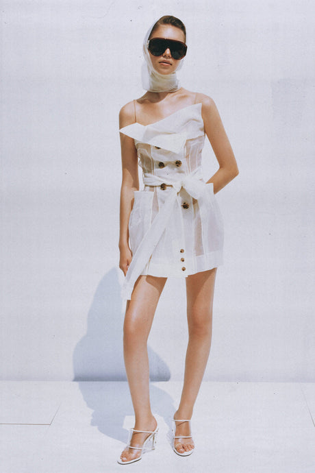 Aurohaya Polliana White Double Breasted Organza Mini Dress