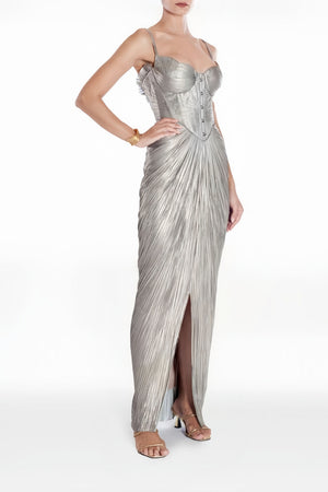 Aurohaya Nicoletta Silver Glossy Pleated Corset Maxi Dress