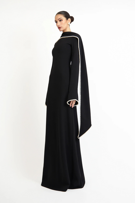 Aurohaya Piroska Black Pearl Trim Shawl Detail Maxi Dress