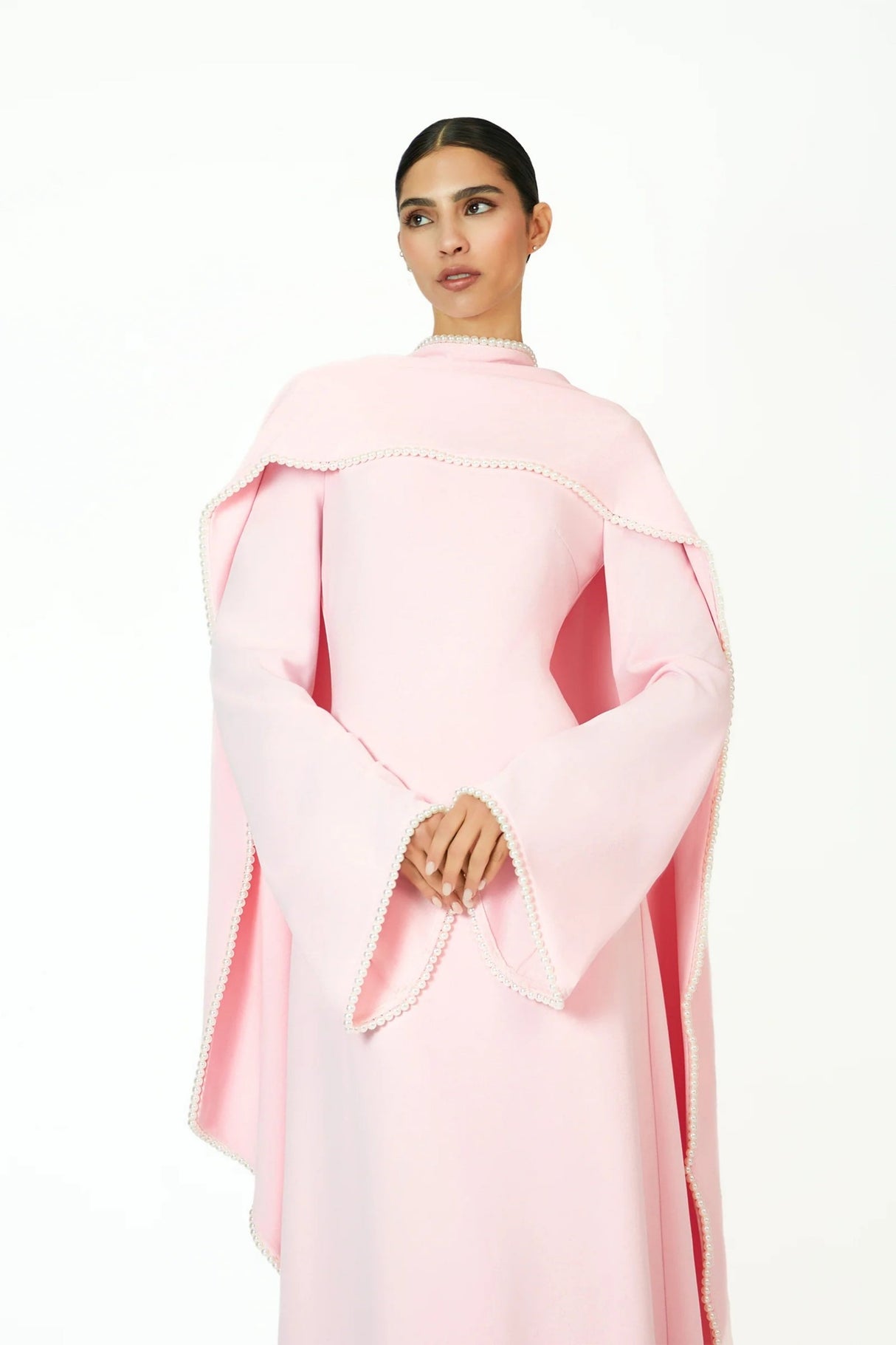 Aurohaya Piroska Pink Pearl Trim Shawl Detail Maxi Dress