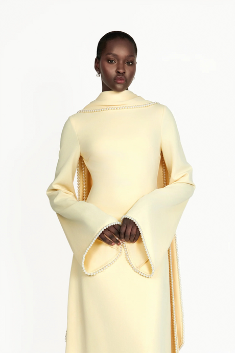 Aurohaya Piroska Yellow Pearl Trim Shawl Detail Maxi Dress