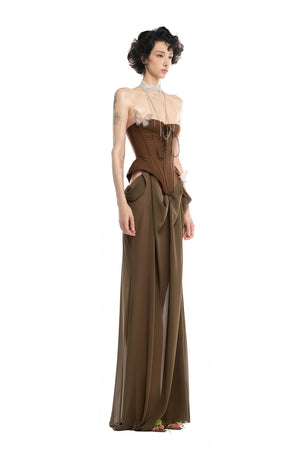 Aurohaya Eva brown butterfly-pin-detail corset maxi dress