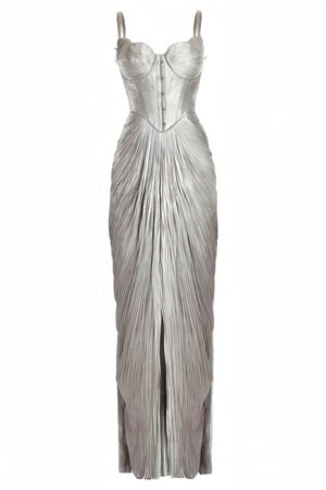 Aurohaya Nicoletta Silver Glossy Pleated Corset Maxi Dress