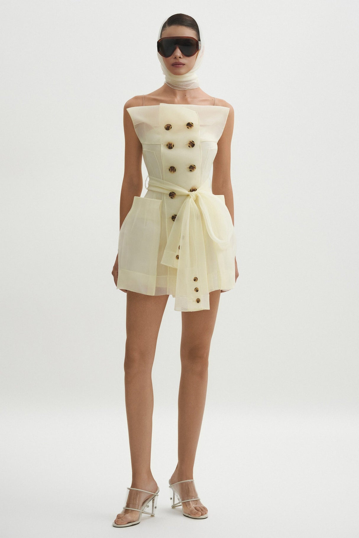 Aurohaya Polliana White Double Breasted Organza Mini Dress