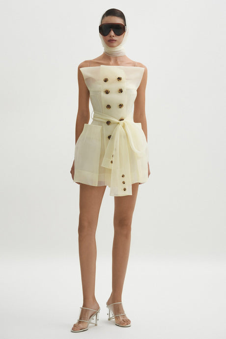 Aurohaya Polliana White Double Breasted Organza Mini Dress