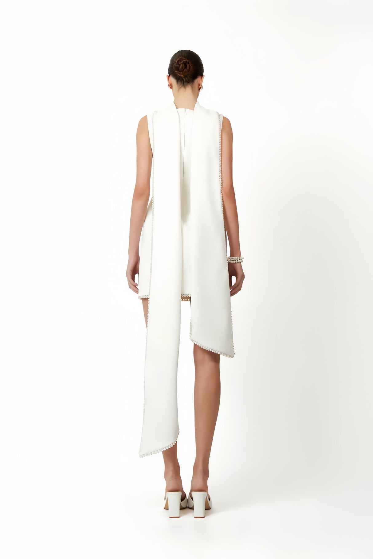 Aurohaya Piroska White Sleeveless Pearl Trim Mini Dress