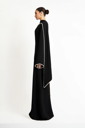 Aurohaya Piroska Black Pearl Trim Shawl Detail Maxi Dress