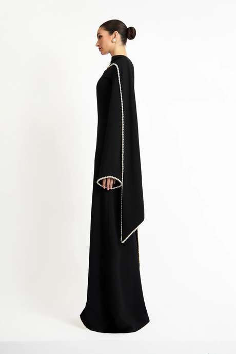 Aurohaya Piroska Black Pearl Trim Shawl Detail Maxi Dress