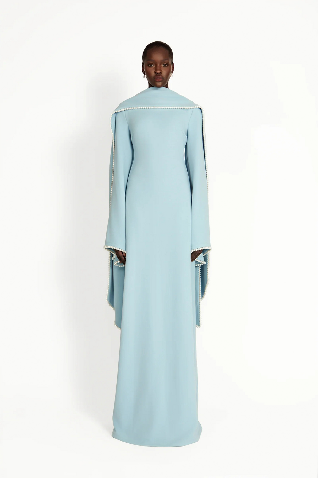 Aurohaya Piroska Blue Pearl Trim Shawl Detail Maxi Dress