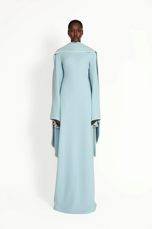 Aurohaya Piroska Blue Pearl Trim Shawl Detail Maxi Dress