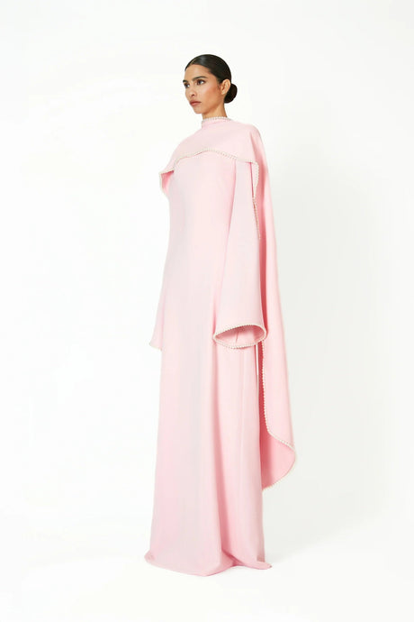 Aurohaya Piroska Pink Pearl Trim Shawl Detail Maxi Dress