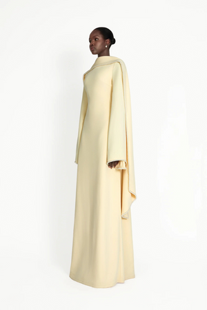 Aurohaya Piroska Yellow Pearl Trim Shawl Detail Maxi Dress