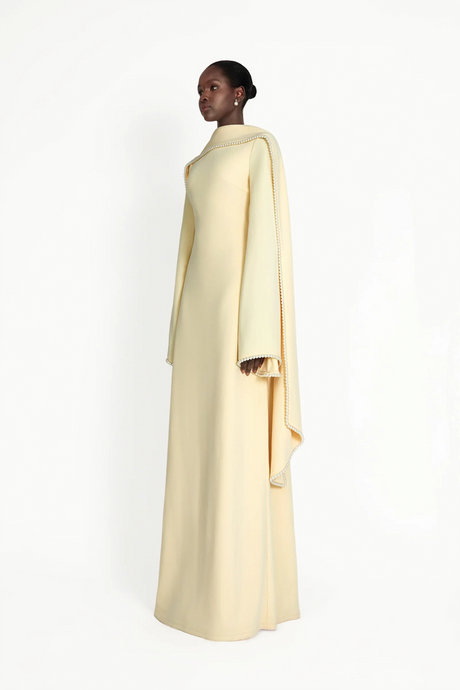 Aurohaya Piroska Yellow Pearl Trim Shawl Detail Maxi Dress