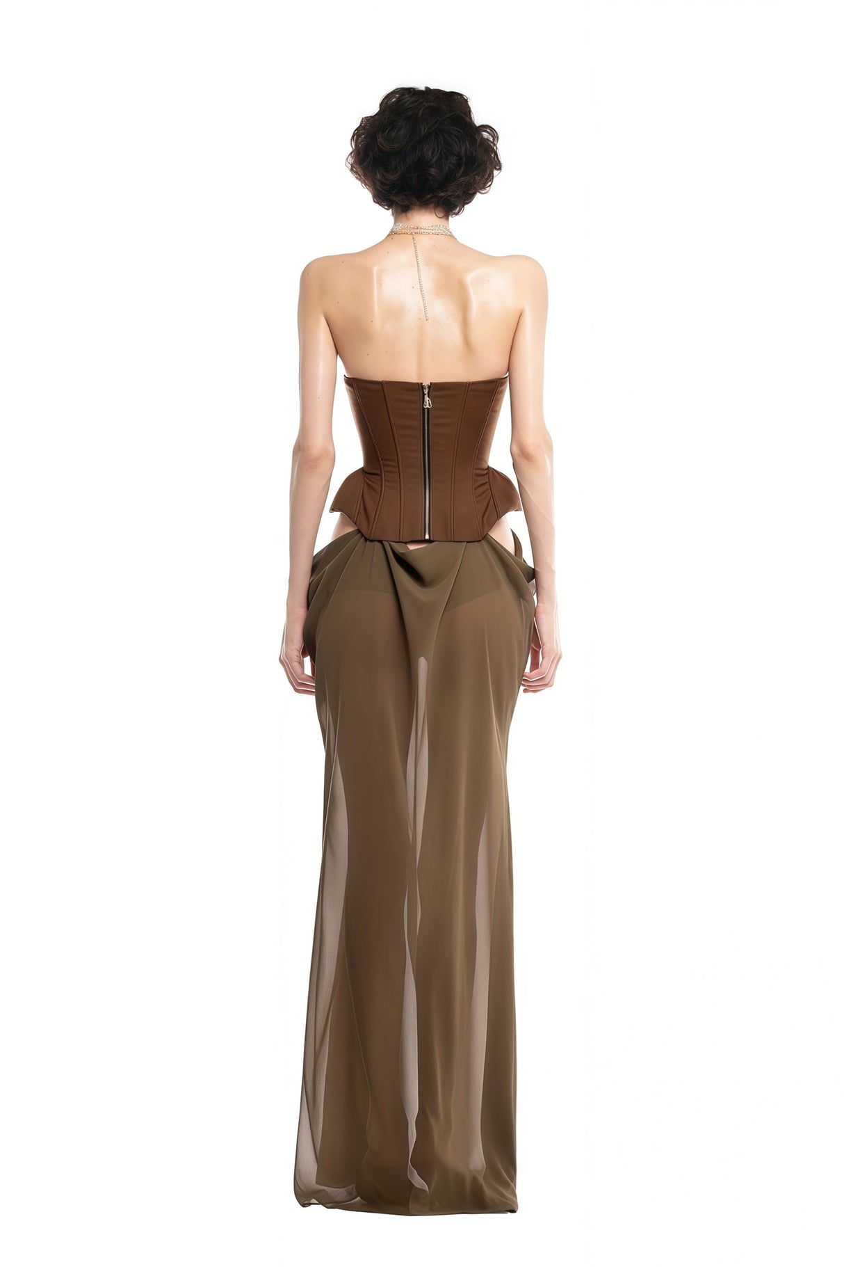 Aurohaya Eva brown butterfly-pin-detail corset maxi dress